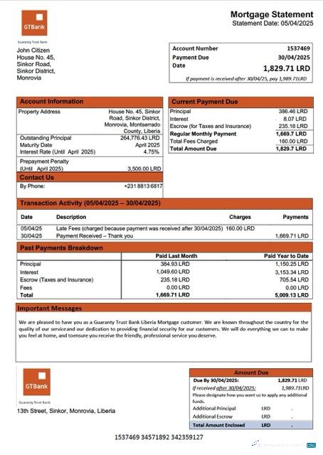 Download Liberia Guaranty Trust Bank Liberia mortgage statement Word and PDF template Photoshop template
